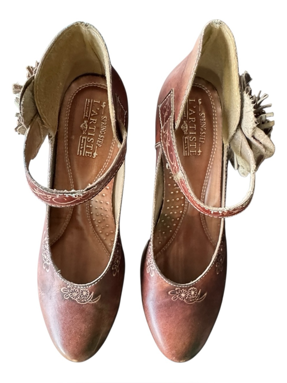 Spring Step L’Artiste Brown Leather Floral Mary Jane Heels Size 40